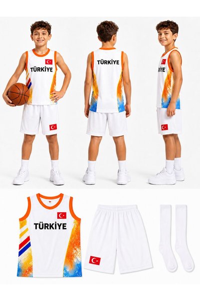 yenteks Türkiye Armalı Basketbol Forması Beyaz-Turkuaz Çorap Hediyeli