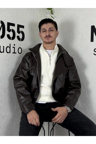 CKT0002- Oversize Deri Bomber Ceket- Kahverengi