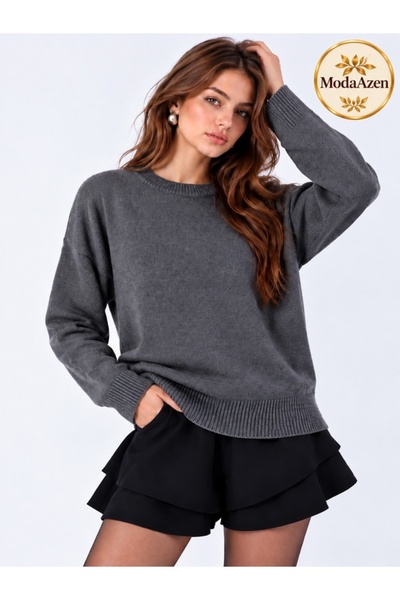 ModaAzen Anthracite Crew Neck Oversize Women's Knitwear Sweater