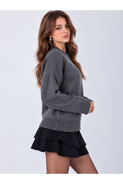 ModaAzen Anthracite Crew Neck Oversize Women's Knitwear Sweater