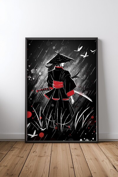 KEYFHOME Samurai în ploaie, poster de pictură pe MDF cu ramă neagră, cadou pe...