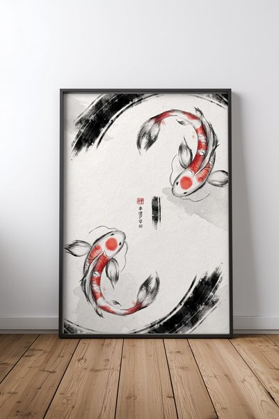 KEYFHOME Jin Jang Srećna Koi Crna Uramljena MDF Slika Poster Salon Zidni Deko...