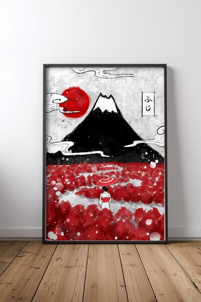 KEYFHOME Muntele Fuji și Flori Roșii Cadru Negru MDF Tablou Poster Decor de P...