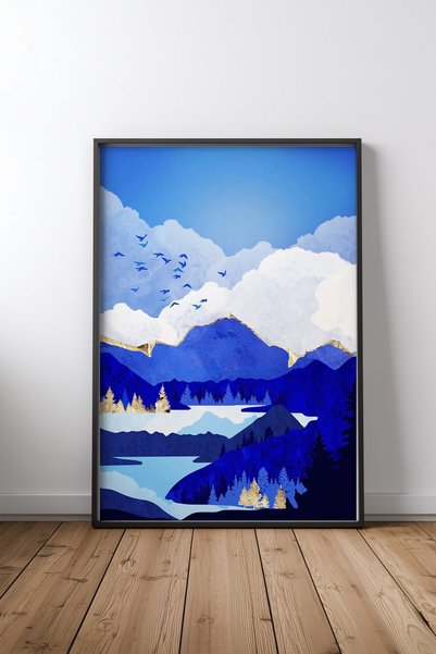 KEYFHOME Blue Lake MDF cu ramă neagră Tablou Poster Living Decor de perete Cadou