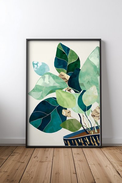 KEYFHOME Indigo Plant II Tablou MDF cu ramă neagră Poster Cadou pentru decora...