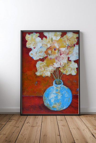 KEYFHOME Flori în vază albastră, tablou MDF înrămat negru, poster, decor de p...