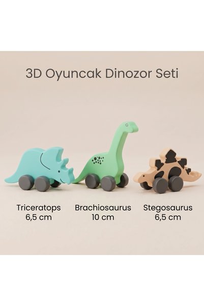 Go İthalat 3D Baskı Tekerlekli Oyuncak Dinozor Seti - 3'lü Çocuk Oyuncağı Hediye - Tekerlekli Dinozor Oyuncak