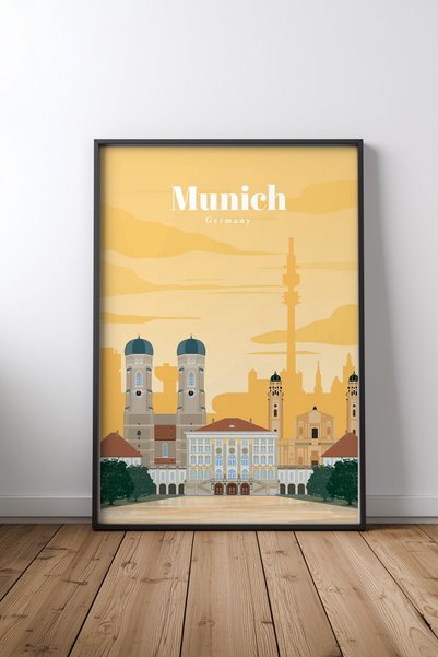 KEYFHOME Poster de pictură MDF cu ramă neagră „Călătorie la Munchen” Cadou de...