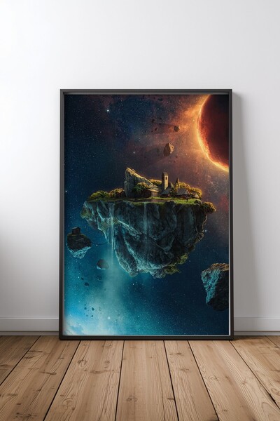KEYFHOME Poster de pictură MDF cu ramă neagră Floating Island, cadou pentru d...
