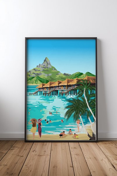 KEYFHOME Bora Bora putnički print crni uokviren MDF poster slika dekoracija z...