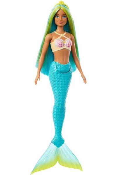 Barbie Mavi ve sarı renkli saçları, turkuaz kuyruğu ve saç aksesuarıyla Barbi...