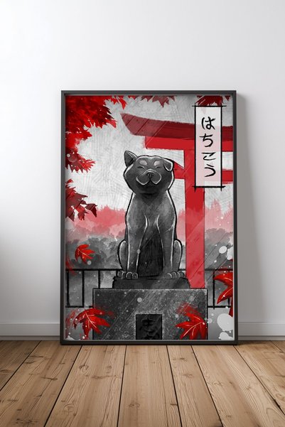 KEYFHOME Poster de pictură pe MDF cu statuia Hachiko și poarta Torii, înrămat...