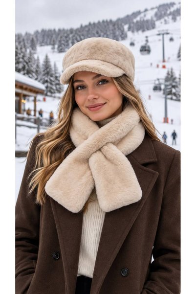 MARBERRY Beige Soft Textured Plush Women's Beanie Hat and Neck Warmer Set of 2