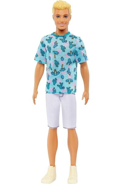 Barbie Păpușă Ken Fashionistas, cu păr blond, tricou cu cactus, pantaloni scu...