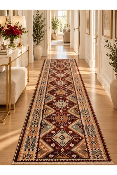 OEM Covor tradițional, dimensiune 80x300cm, roșu și crem, model floral
