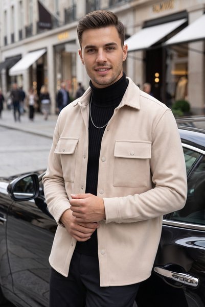 DeepSEA Men's Cream Cashmere Jacket Coat – Relaxed Fit Pocketed Snap Fastener...