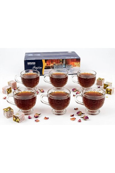 KAVEH Fujin 6'lı Ayaklı Kulplu Çay Bardağı - Oymalı Desenli Cam Fincan - 200 ml