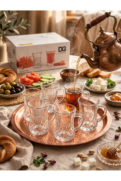 DG Glass Sunstar 6'lı Kulplu Çay Bardağı - Kulplu Çay Bardağı Seti - Kesme De...