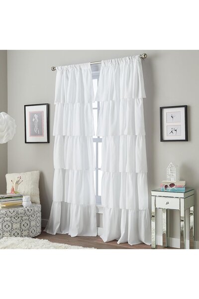 Curtainworks Flounced Ruffle Perde Paneli, Polyester, Beyaz, 160 cm
