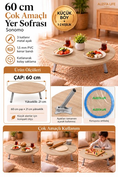 Alesta Life 60 Cm Çap - Ahşap Kaplama Katlanabilir Yer Sofrası Hamur Açma Tah...