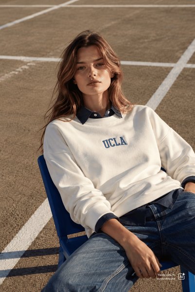 UCLA OLVERA Kemik Rengi Bisiklet Yaka Nakışlı Loose Fit Kadın Sweatshirt