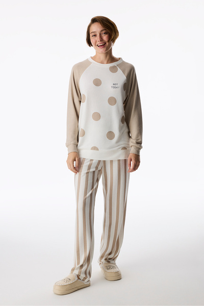 Penti Bej Not Today Puantiye Desenli Uzun Kollu Pijama Üstü