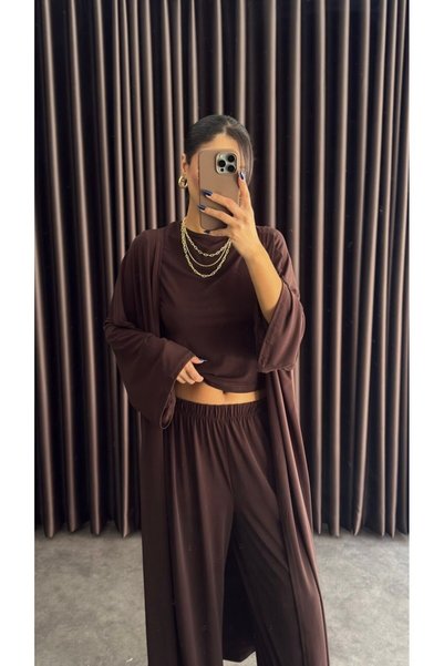 PARLAFASHION Ekstra Likralı 3’lü Hırkalı Bol Paça Takım Siyah