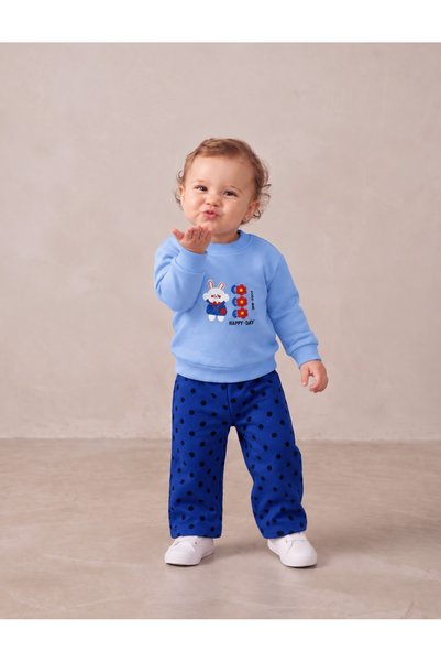 SEENJOB KİDS Simit Yaka Rabbit Printed Sweatshirt/Polka Dot Printed Wide Leg ...