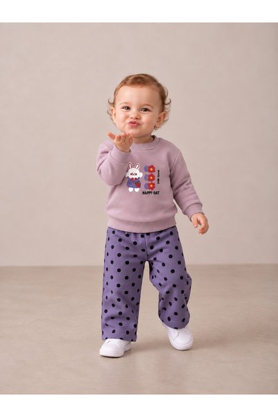 SEENJOB KİDS Simit Yaka Rabbit Printed Sweatshirt/Polka Dot Printed Wide Leg ...