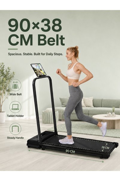 Rovyfota Compact Black Home Treadmill with Handle Bar, 8% Incline Walking Pad for Home & Office, 2 HP Peak Motor, LED Screen, Tablet Holder, Shock Absorption Running Machine for Daily Fitness