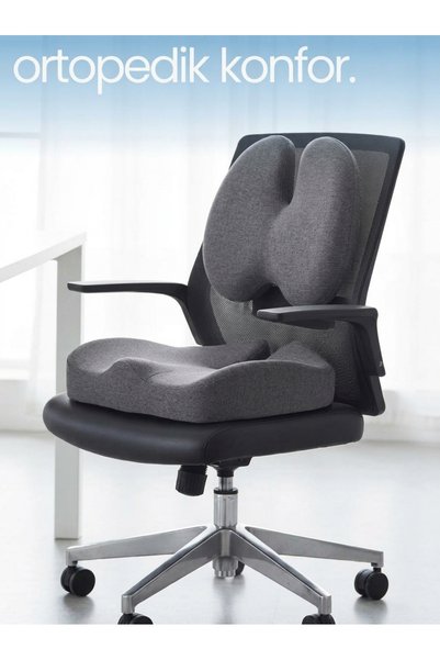 ORTOVİTA New Generation Visco Orthopedic Ergonomic Office, Car, Home Work Chair Cushion Set of 2 (Back Cushion and Sitting Cushion) Gray