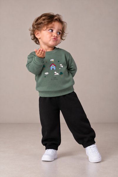 SEENJOB KİDS Oversize Simit Yaka Köpek Baskılı Sweatshirt/Beli Lastikli Eşofm...