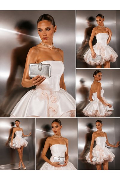 NAZART Kadın Kırışık Gümüş Abiye Clutch Zincir Askılı El ve Omuz Düğün Nişan Gece Çantası
