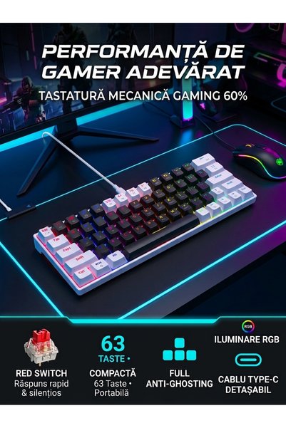 QuTek Tastatura Mecanica Gaming Qutek, 60%, Lumini LED, 63 taste, cu cablu Ty...