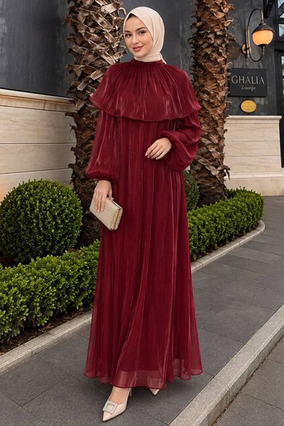N.S NEVA STYLE Cape Detailed Gathered Janjan Chiffon Burgundy Hijab Evening D...