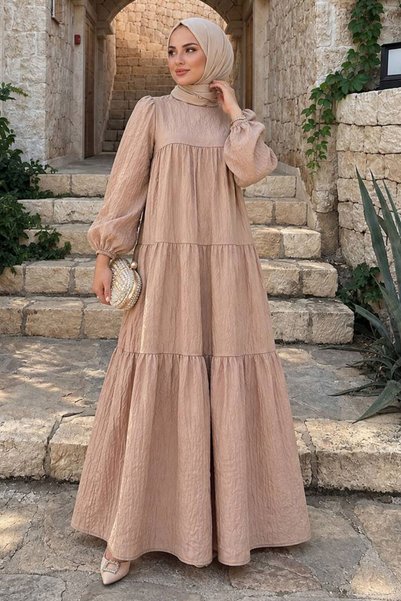 N.S NEVA STYLE فستان زارا كتان بيسكيوتي بأكمام طويلة وتصميم انسيابي 15702BS