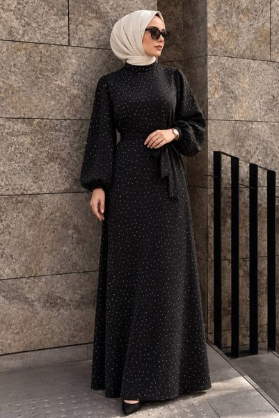 N.S NEVA STYLE Stoned Belted Yoryo Satin Black Hijab Evening Dress 15681S