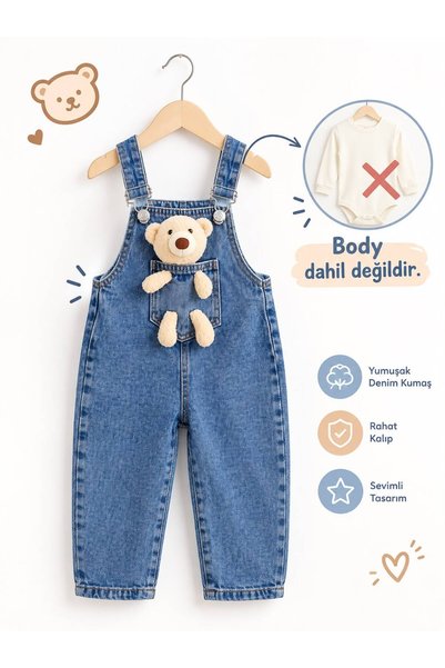 Mişsa Bebe Unisex Jeans Salopet with Teddy Bear Toy 2 Pieces Denim