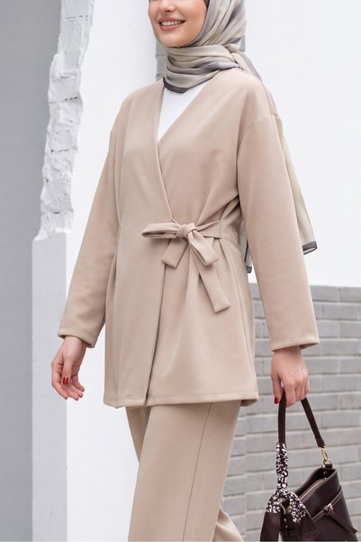 HİJABAYA Beli Double Tie Scuba Long Sleeve Ankle Length Hijab Kimono Set -Beige