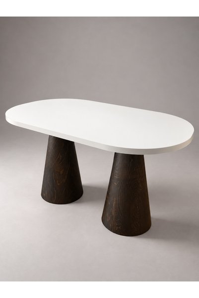 Fagus Wood Beyaz MDF Tablalı Masif Ahşap Çift Konik Ayaklı Yemek Masası