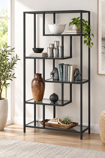 TOLIAHOME Modern 6 Raflı Siyah Renk Metal İskeletli Şeffaf Temper Cam Raflı A...