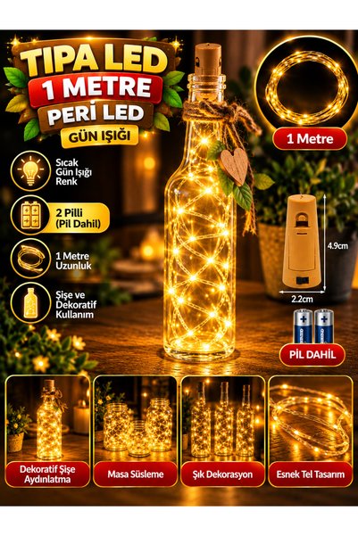 ledison 1 Metre Led Günışığı Tıpa Şeklinde Pil Yuvalı Peri Led Piller Dahil Dir