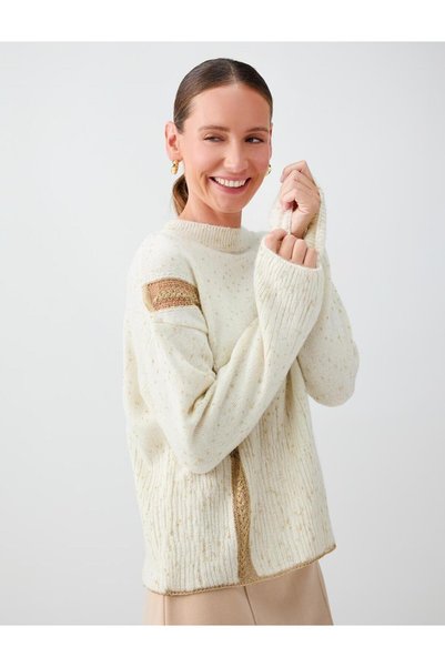 Jimmy Key Ecru Low-Cut Detailed Round Neck Long Sleeve Knit Sweater