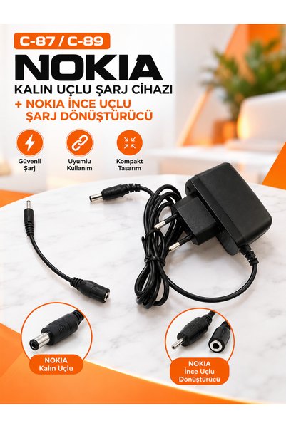 Nostaljik Nokia Kalın Uçlu Şarj Cihazı + İnce Uç Şarj Dönüştürücü Seti – C-87...