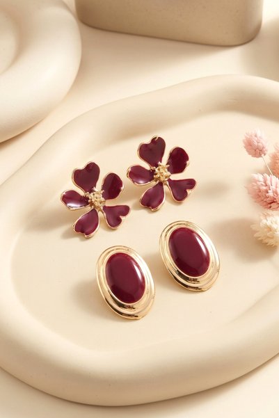 Elika Silver 2'li Set Küpe Bordo Mineli Çiçek Ve Oval Figürlü