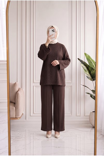 MİHRA STORE Fallon Tunic with Stone Detail Pants Set-Ma5888 Brown