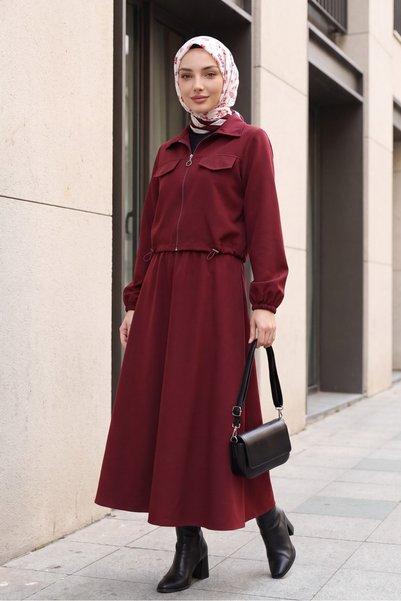 Generic Brand Zippered Front, Elastic Waist, and Pocket Detail on Sleeves Shirt Collar Midi Double Suit - Burgundy