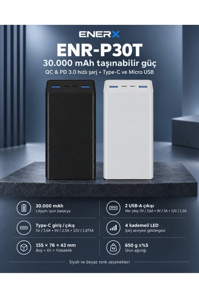 ENERX ENR-P30T 30.000 mAh 22.5Watt Hızlı Şarj Powerbank – Siyah