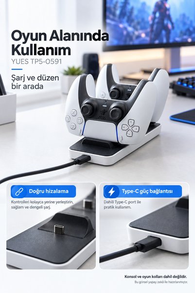 YUES TP5-0591 PS5 DualSense Uyumlu İkili Oyun Kolu Şarj İstasyonu Type-C Şarj Standı