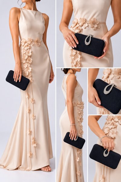 NAZART Kadın Suyolu Siyah Abiye Clutch Zincir Askılı El ve Omuz Düğün Nişan Gece Çantası